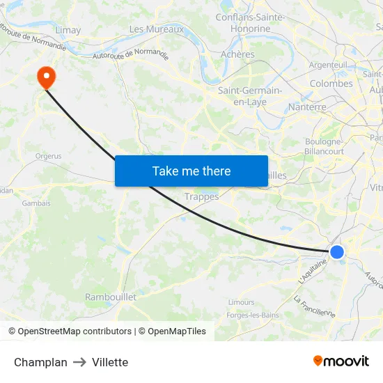 Champlan to Villette map