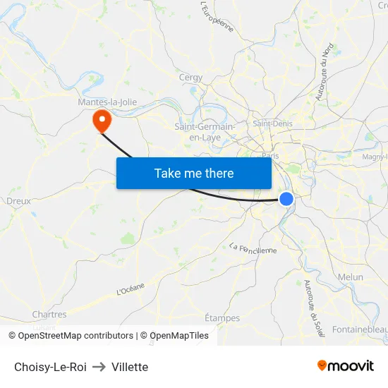 Choisy-Le-Roi to Villette map
