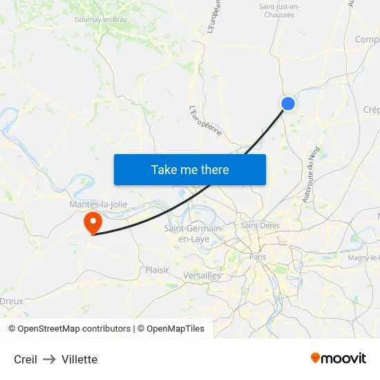 Creil to Villette map