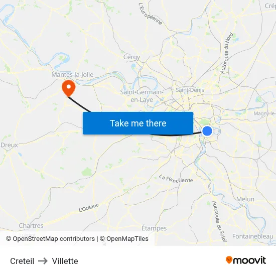 Creteil to Villette map