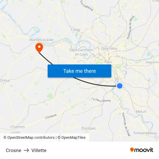 Crosne to Villette map