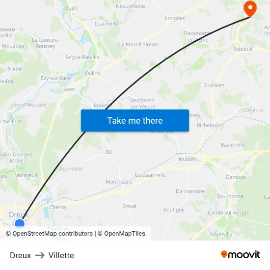 Dreux to Villette map