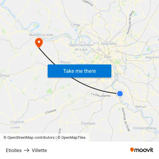 Etiolles to Villette map