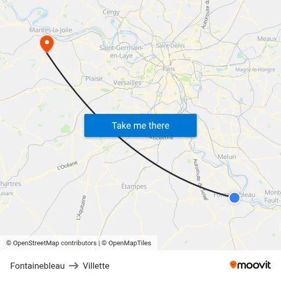 Fontainebleau to Villette map
