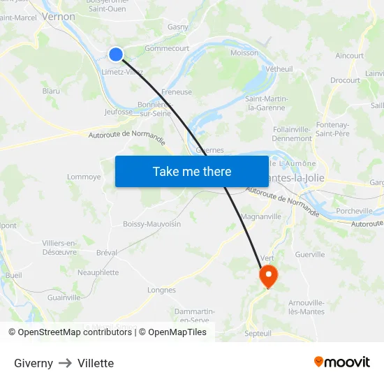 Giverny to Villette map