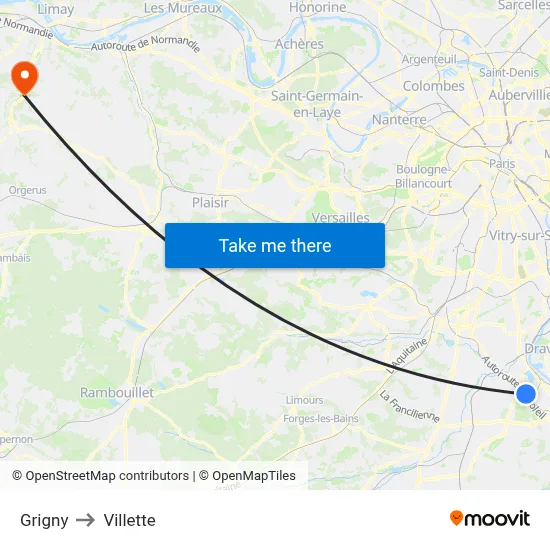 Grigny to Villette map