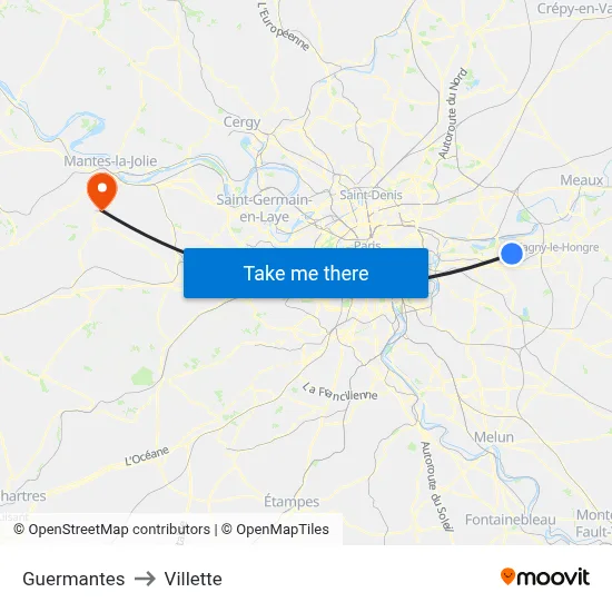 Guermantes to Villette map