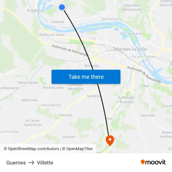 Guernes to Villette map