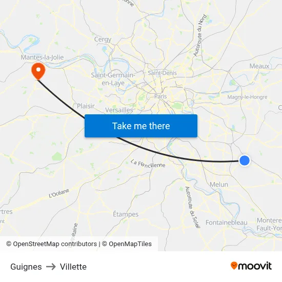 Guignes to Villette map