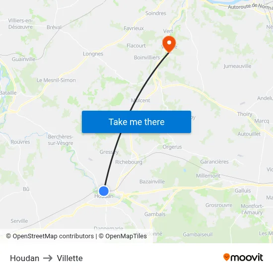 Houdan to Villette map