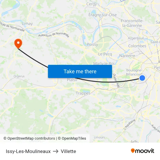 Issy-Les-Moulineaux to Villette map
