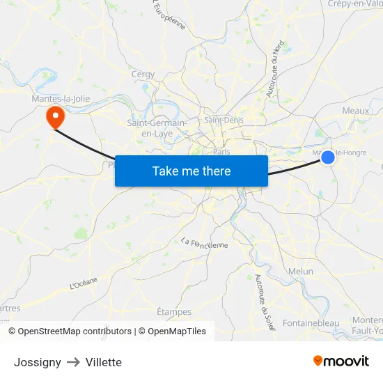 Jossigny to Villette map