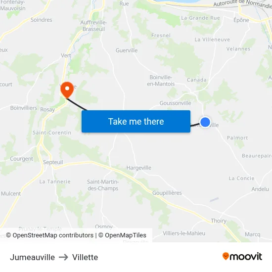Jumeauville to Villette map