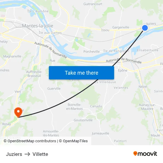 Juziers to Villette map