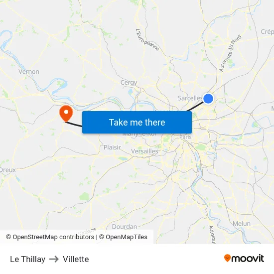 Le Thillay to Villette map