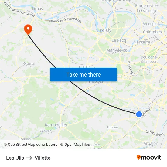 Les Ulis to Villette map