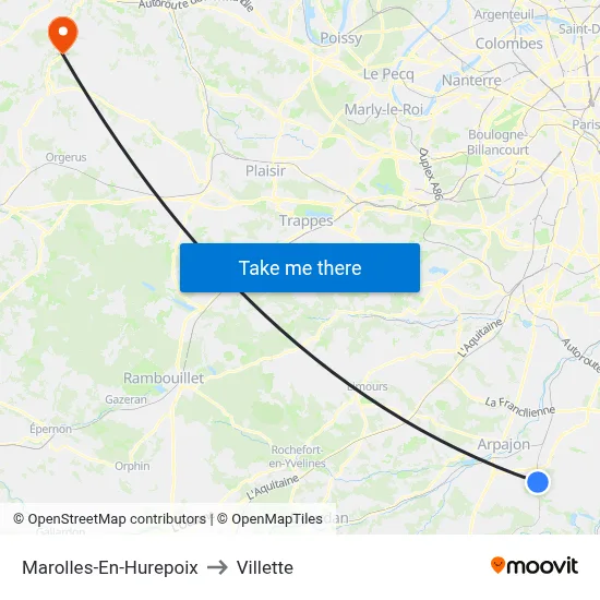 Marolles-En-Hurepoix to Villette map