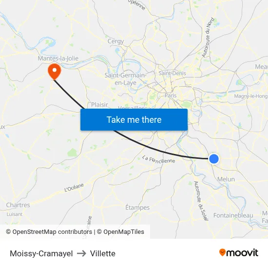 Moissy-Cramayel to Villette map