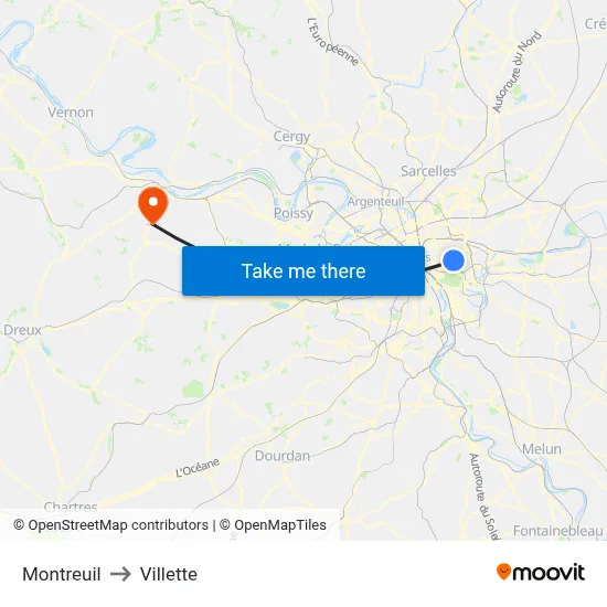 Montreuil to Villette map