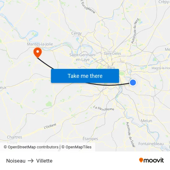 Noiseau to Villette map