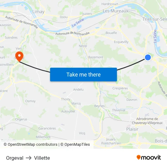 Orgeval to Villette map
