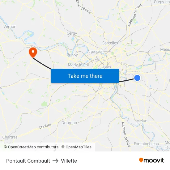 Pontault-Combault to Villette map