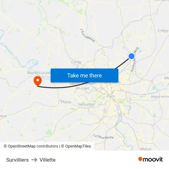 Survilliers to Villette map