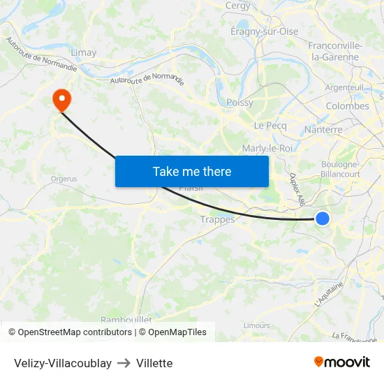 Velizy-Villacoublay to Villette map