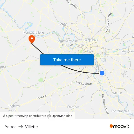 Yerres to Villette map
