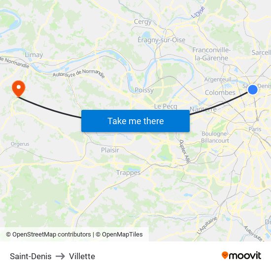 Saint-Denis to Villette map
