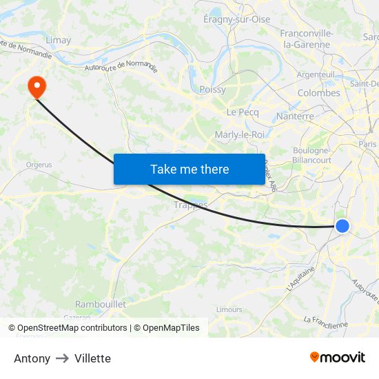 Antony to Villette map