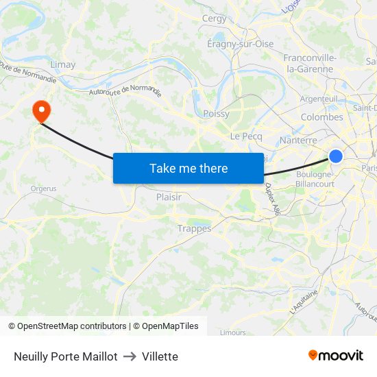 Neuilly Porte Maillot to Villette map