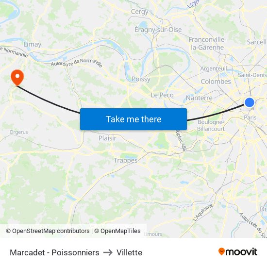 Marcadet - Poissonniers to Villette map