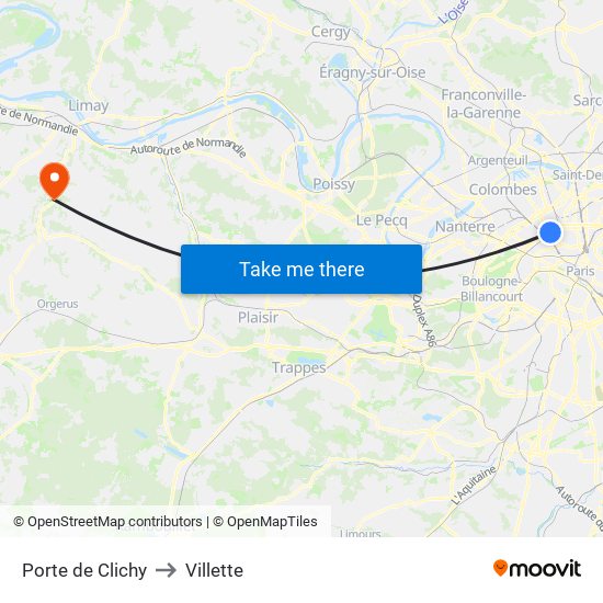 Porte de Clichy to Villette map