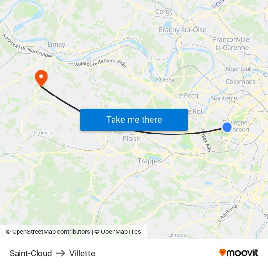 Saint-Cloud to Villette map