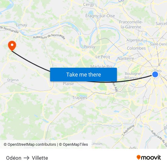 Odéon to Villette map