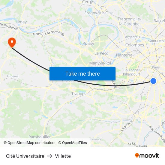 Cité Universitaire to Villette map