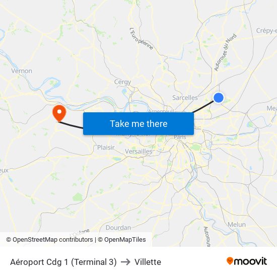 Aéroport Cdg 1 (Terminal 3) to Villette map