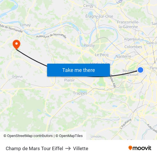 Champ de Mars Tour Eiffel to Villette map