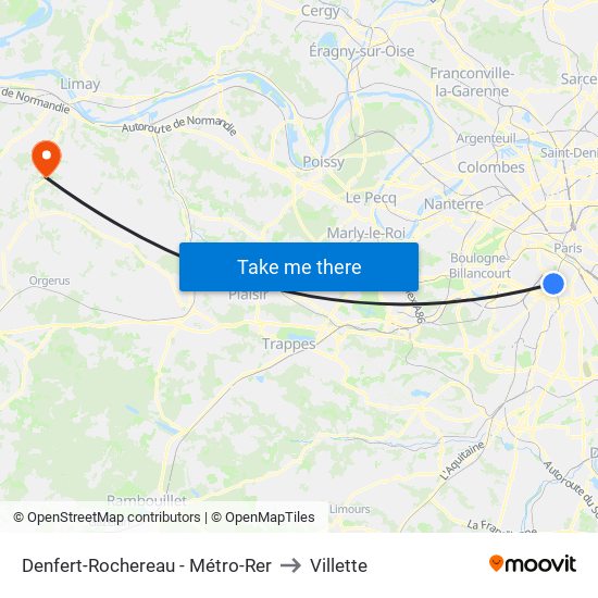 Denfert-Rochereau - Métro-Rer to Villette map