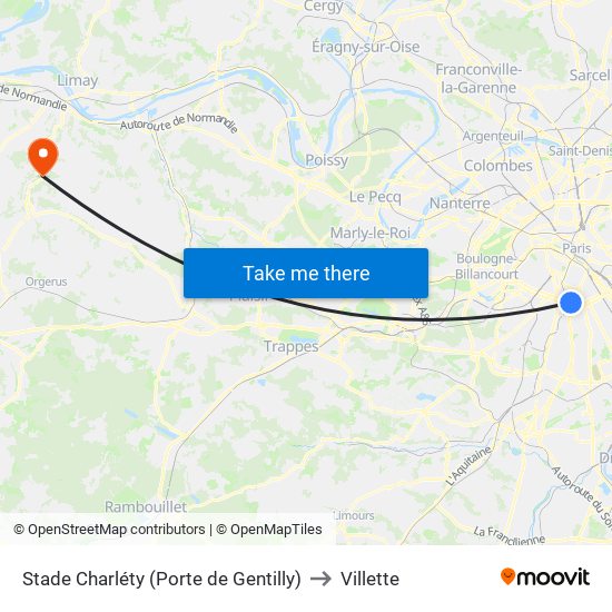 Stade Charléty (Porte de Gentilly) to Villette map