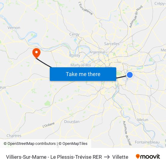 Villiers-Sur-Marne - Le Plessis-Trévise RER to Villette map