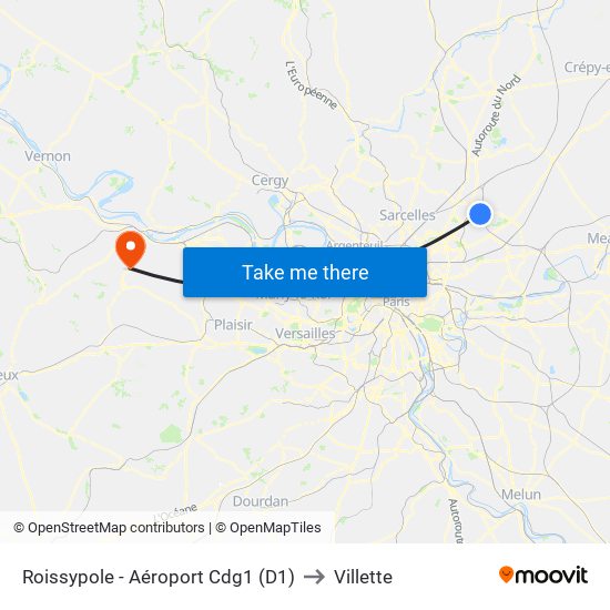 Roissypole - Aéroport Cdg1 (D1) to Villette map