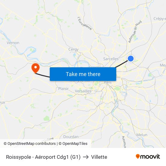 Roissypole - Aéroport Cdg1 (G1) to Villette map