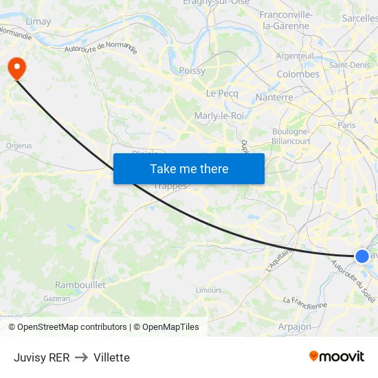 Juvisy RER to Villette map
