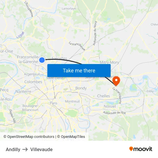 Andilly to Villevaude map