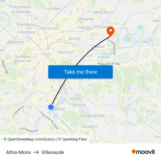 Athis-Mons to Villevaude map