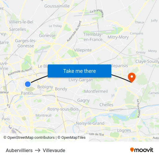 Aubervilliers to Villevaude map