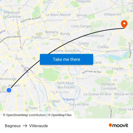 Bagneux to Villevaude map