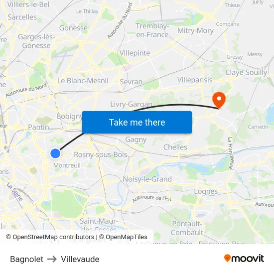 Bagnolet to Villevaude map